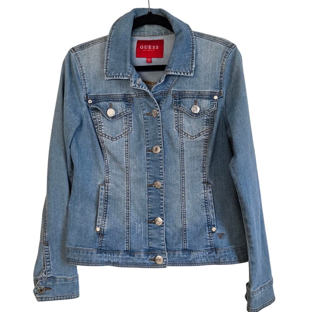 Y2K 90s Vintage GUESS Light Wash Distressed Cropped Denim Jacket Silver Button L
